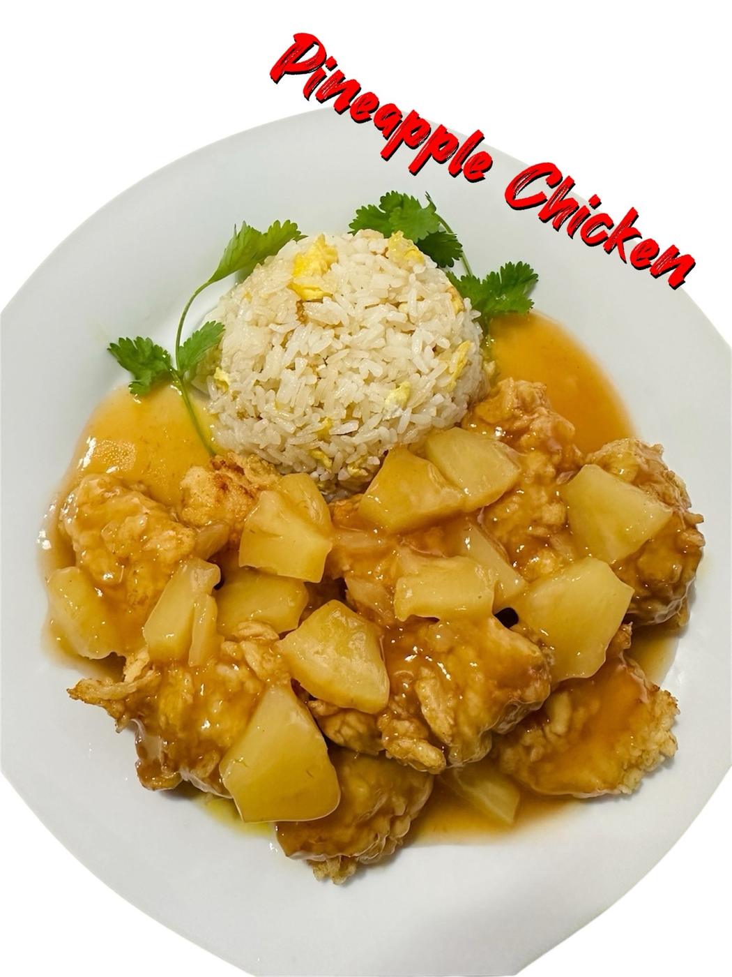 Pineapple chicken with fried rice on a white plate